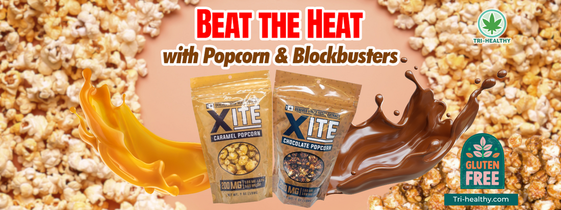 Xite Delta-9 THC Caramel and Chocolate Popcorn from Tri-Healthy — gluten-free edibles perfect for summer movie nights.