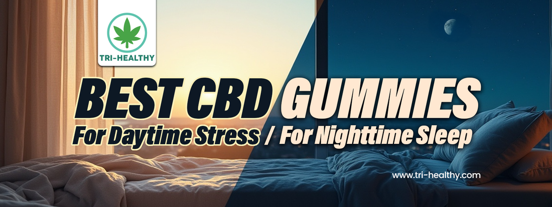 Tri-Healthy CBD gummies banner showing a cozy bedroom split into day and night scenes