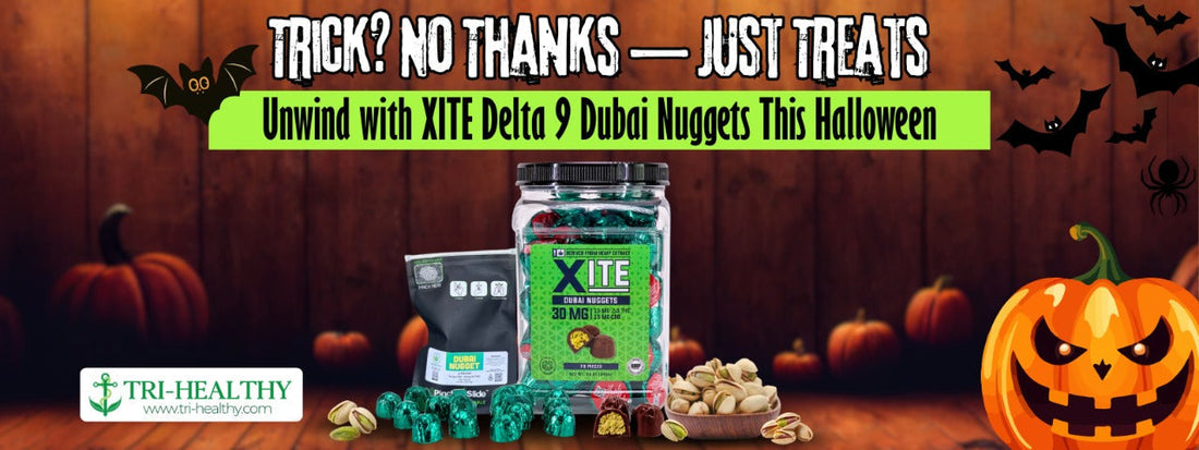 Halloween banner for XITE Delta 9 Dubai Nuggets with chocolates, pistachios, pumpkins, and Tri-Healthy logo.