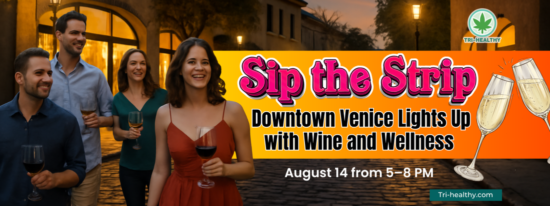 Group of friends walking through downtown Venice, Florida at night holding wine glasses, promoting “Sip the Strip” Wine and Wellness event on August 14, presented by Tri-Healthy.