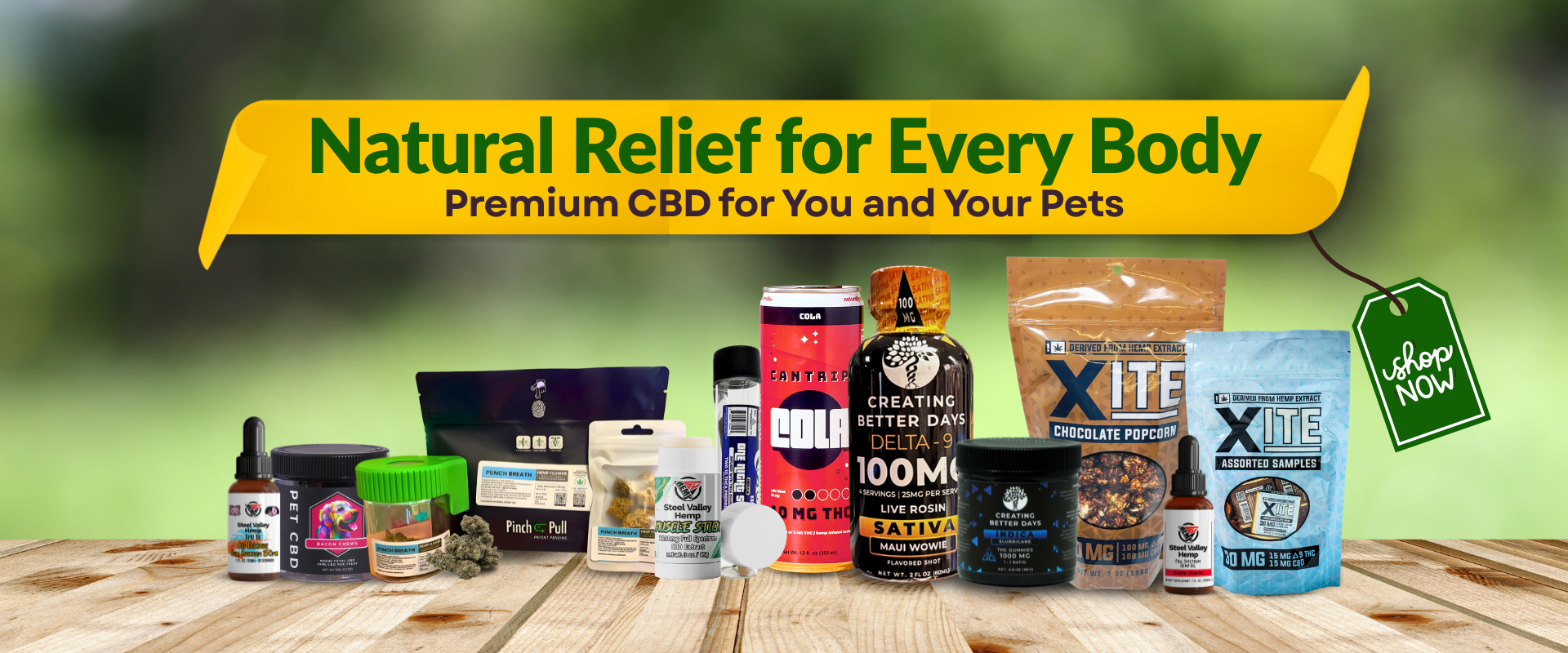 CBD products on a wooden table with a green background and text about natural relief for every body.