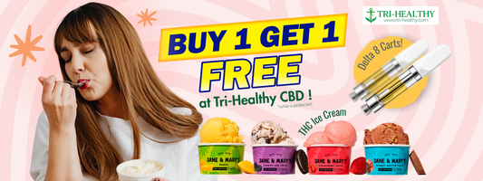 Buy One Get One Free THC ice cream and Delta 8 vape carts at Tri-Healthy CBD featuring Jane & Mary’s ice cream flavors and Delta 8 carts
