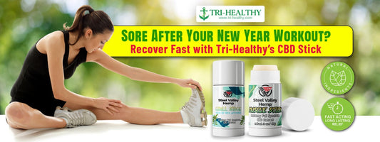 Tri-Healthy CBD Stick recovery banner showing a woman stretching after a workout alongside CBD Muscle Stick and Chill Stick for post-workout soreness relief