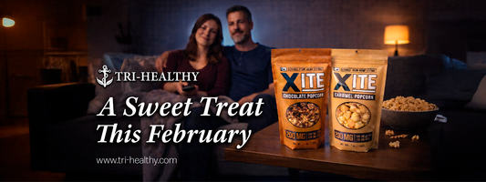 Tri-Healthy banner featuring XITE Chocolate Popcorn and XITE Caramel Popcorn (200 mg) on a coffee table with popcorn bowls in a cozy movie-night living room scene.