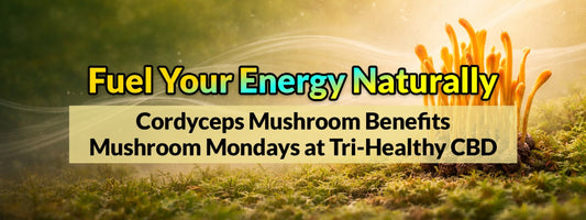 Tri-Healthy CBD Cordyceps mushroom products displayed on a forest floor background with glowing cordyceps fungi and headline “Fuel Your Energy Naturally.”